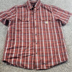 Carhartt Shirt Mens Large Red Button Up Plaid Short Sleeve Camp Hike Loose